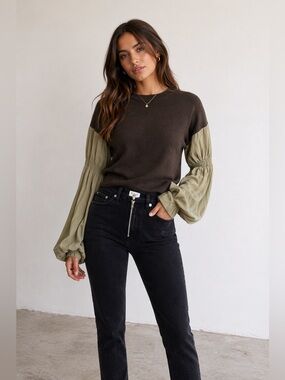 Moussy Japan Docking Knit Balloon Sleeve Top Green/Olive Oversized Size FREE